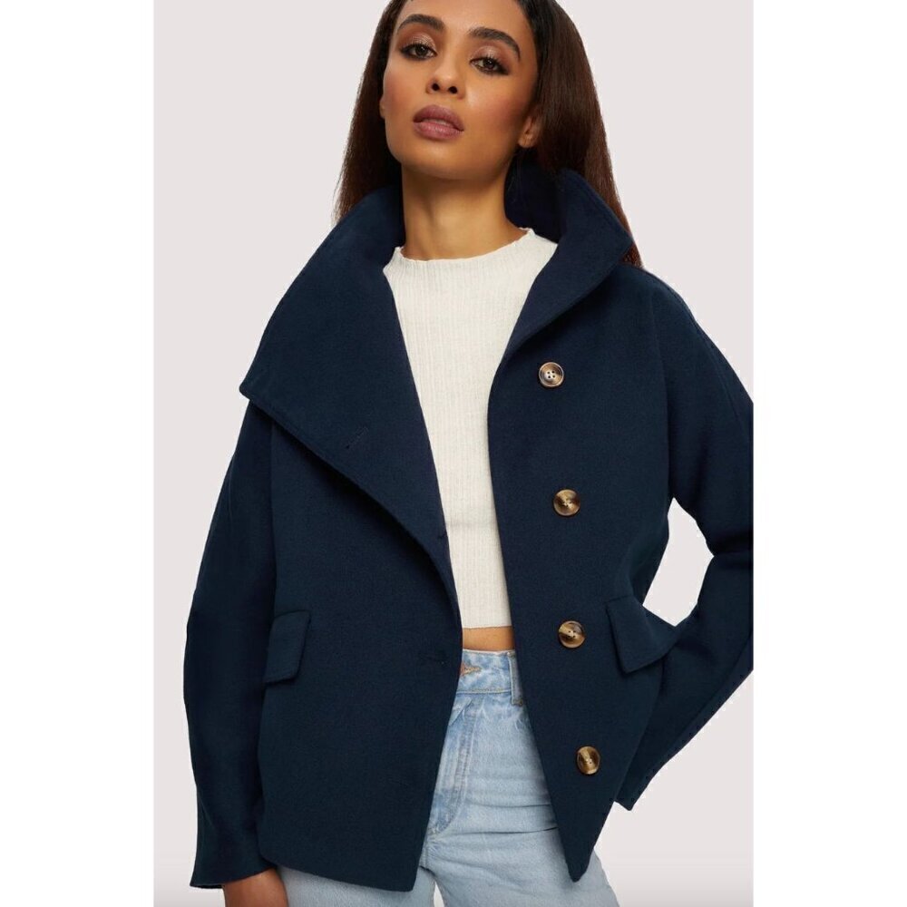 NOIZE Elettra Short Length Vegan Wool Coat Navy Womens Size Large